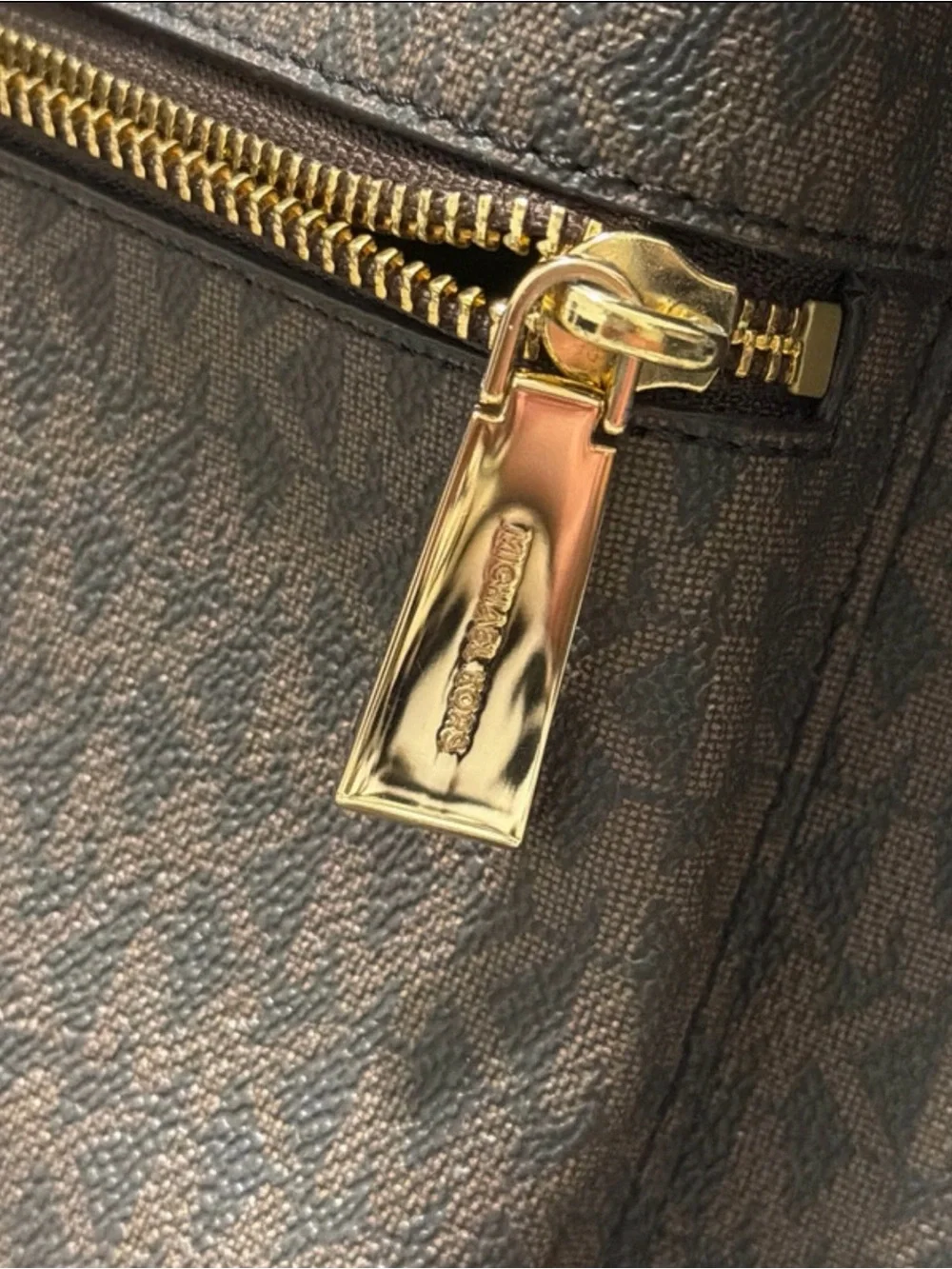Michael Kors Brown Monogram Backpack with Tan Trim and Gold Hardware